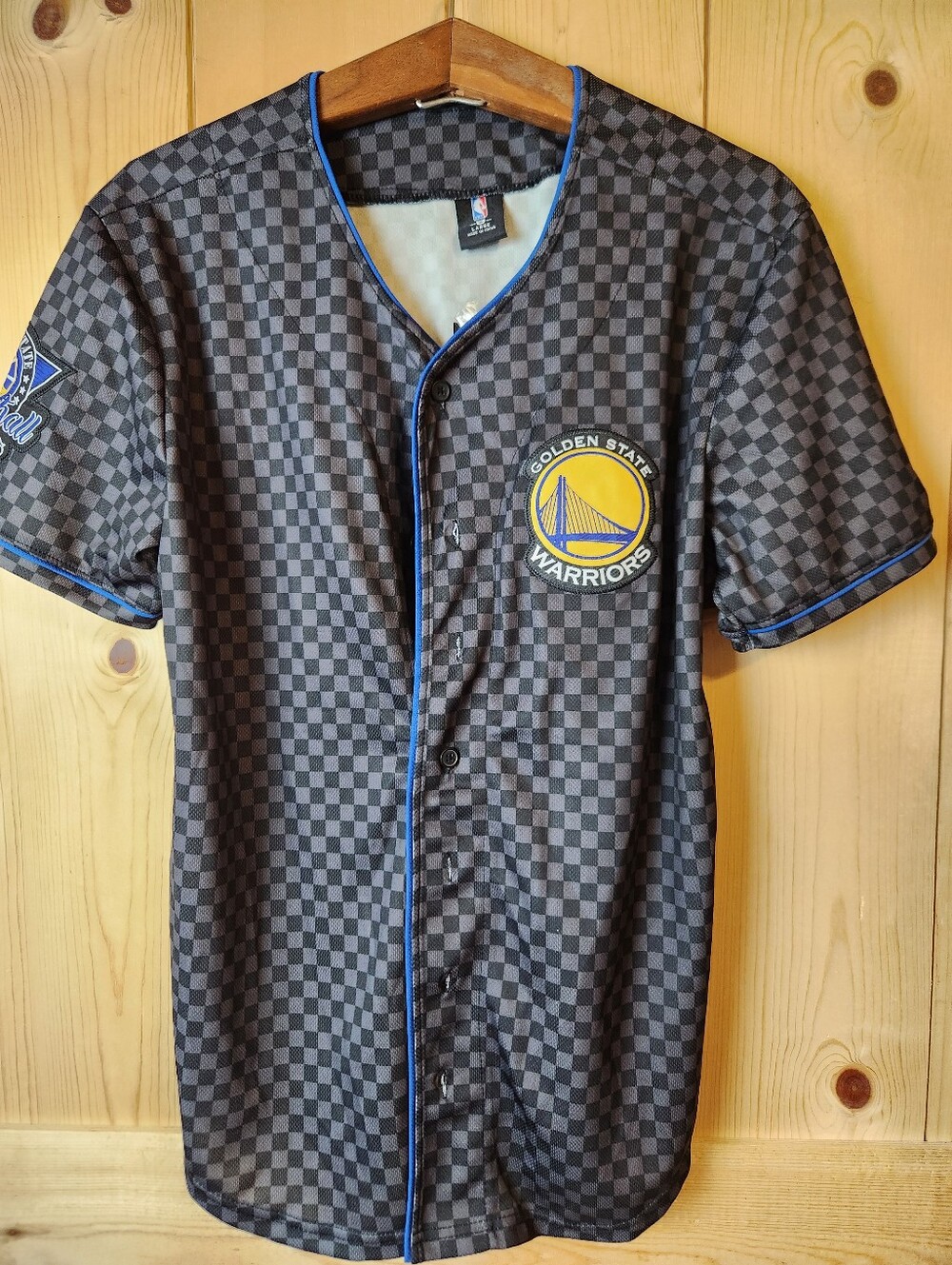 NBA Golden State Warriors Basketball Checkered Print Button-Up Logo Jersey NWT
